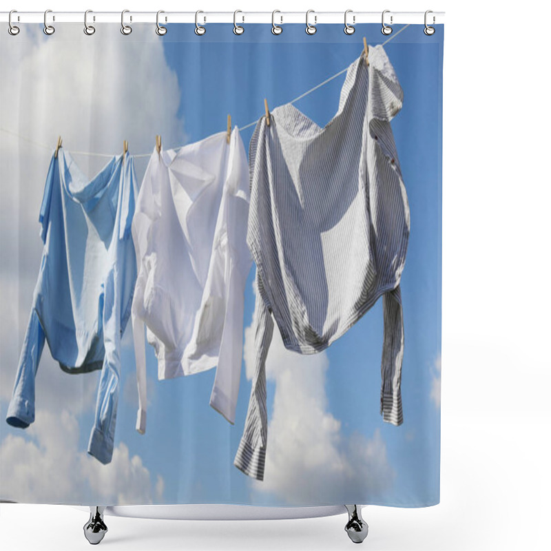 Personality  Clean Clothes Hanging On Washing Line Against Sky. Drying Laundry Shower Curtains