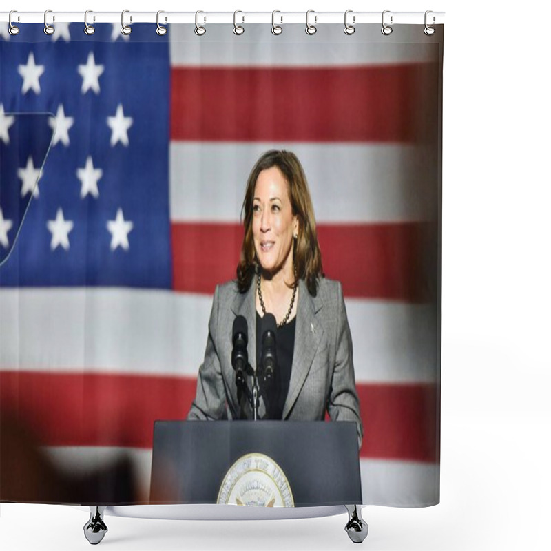 Personality  Bowie, MD, USA - Feb 22 2023: Kamala Harris Delivering Remarks At A Political Event (by Patrick Siebert) Shower Curtains