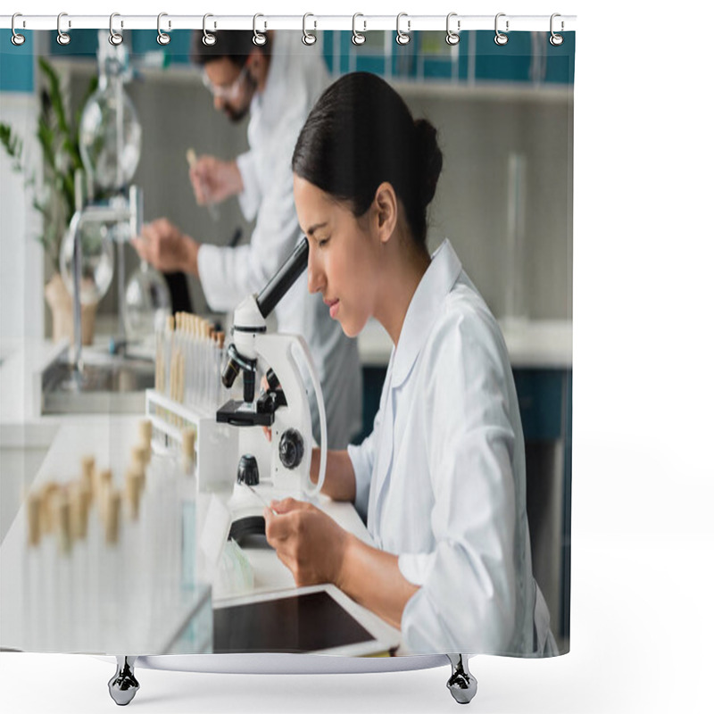 Personality  Scientist Working With Microscope Shower Curtains