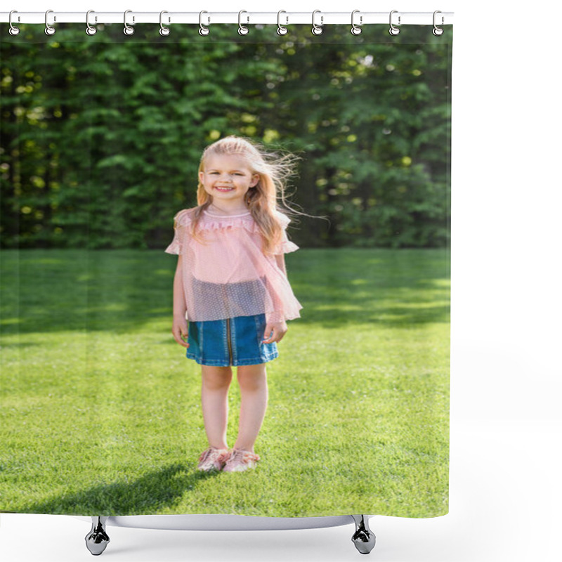 Personality  Full Length View Of Adorable Little Child Standing On Grass And Smiling At Camera In Park Shower Curtains