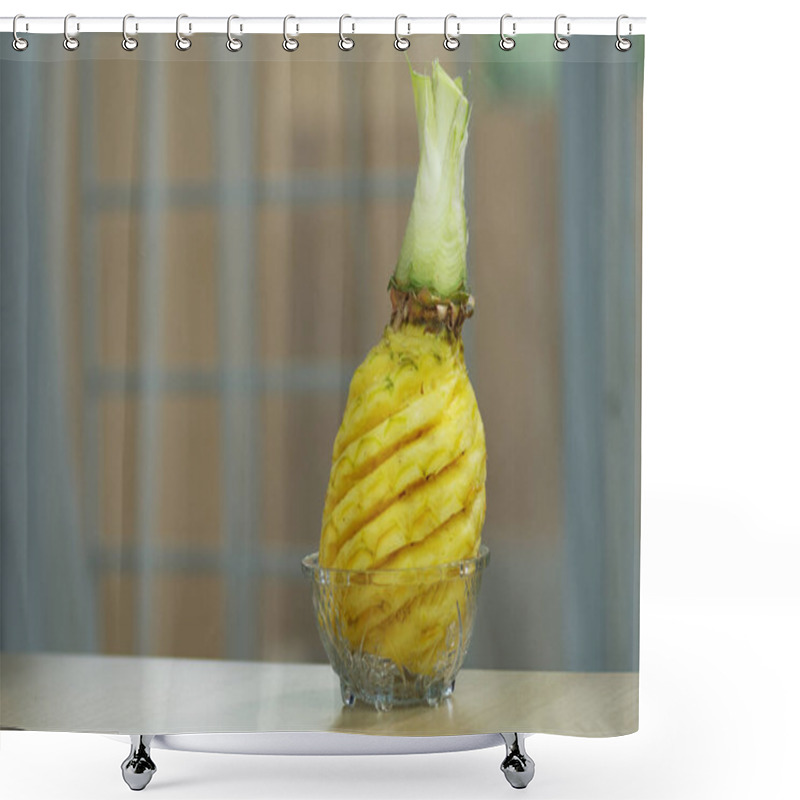 Personality  A Fresh Pineapple Displayed In A Glass Bowl Showcasing An Artistic Peel Design. Perfect For Tropical, Food, And Healthy Living Concepts. Shower Curtains