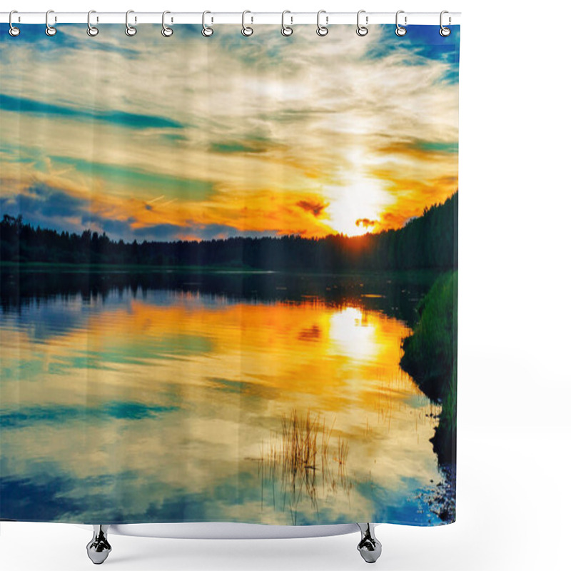 Personality  Sunset In The Clouds Over The Lake Shower Curtains