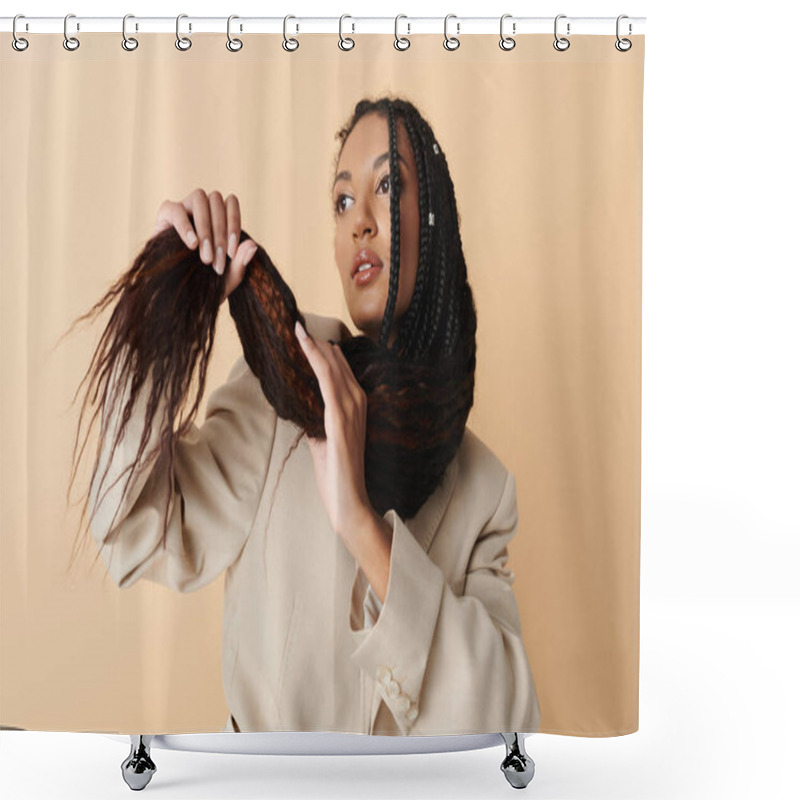 Personality  A Young Woman With Long Black Braids Poses Against A Neutral Background, Wearing A Light-colored Blazer And A Thoughtful Expression. Shower Curtains