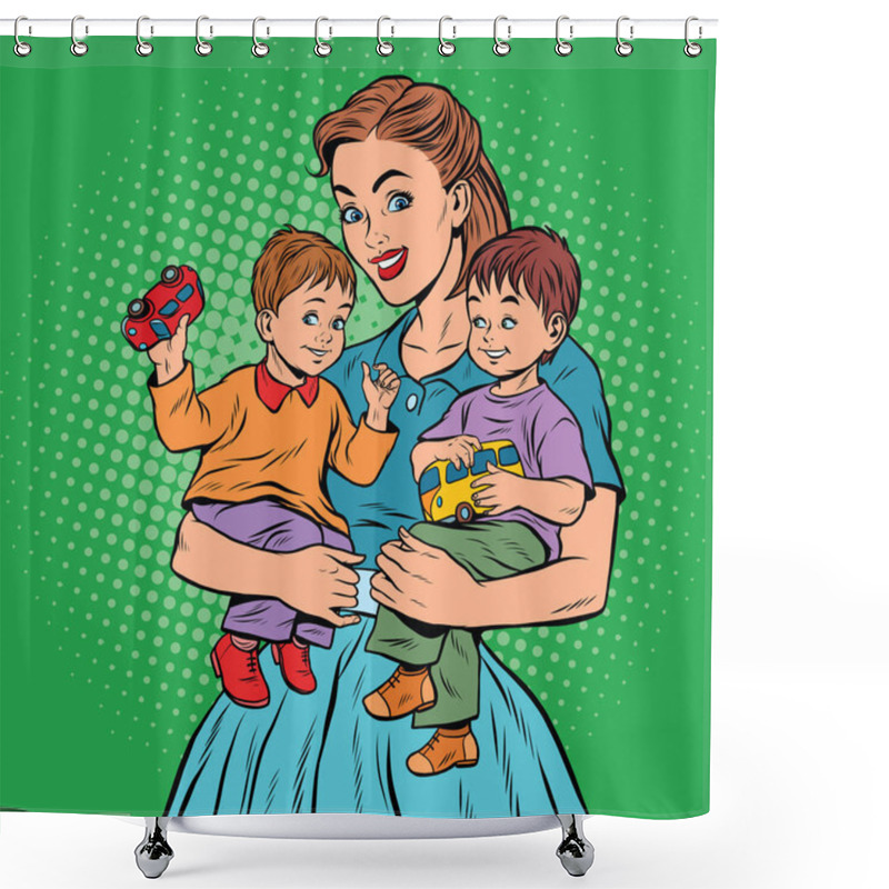 Personality  Young Retro Mom With Two Children Boys Shower Curtains