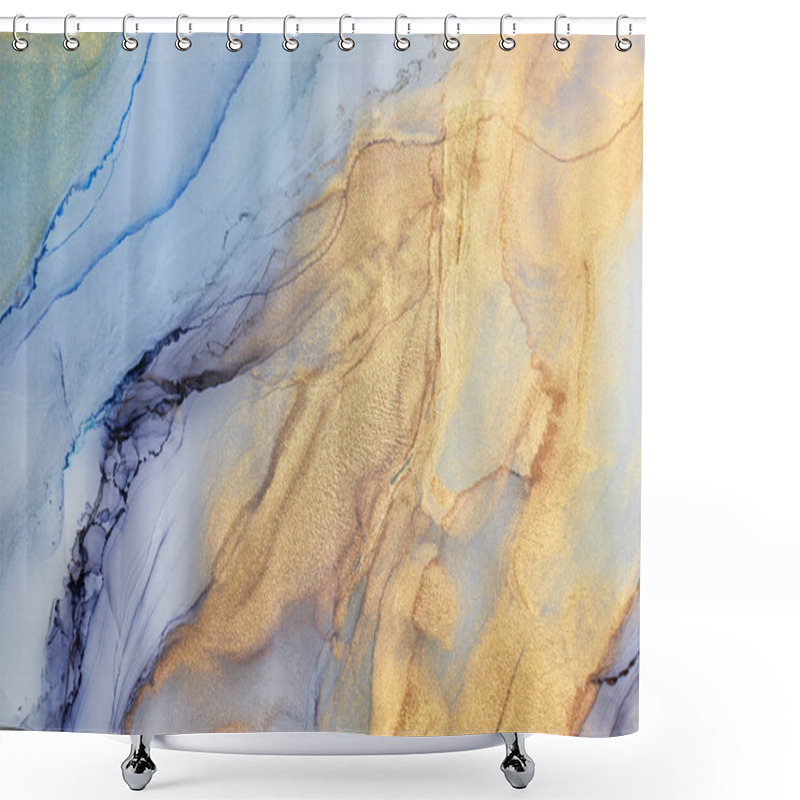 Personality  Alcohol Ink Abstract Background. Blue Golden Luxury Acrylic Paint In Water. Texture Of Marble. Print Pattern Shower Curtains