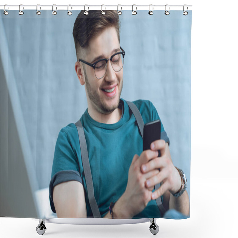 Personality  Handsome Smiling Young Man Using Smartphone Shower Curtains