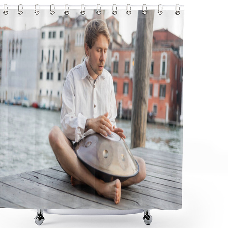 Personality  Musician With Closed Eyes Performing On Handpan On Wooden Pier In Italy  Shower Curtains