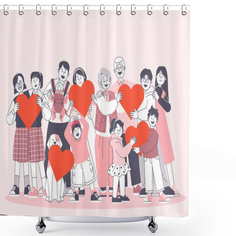 Personality  Students, Families, The Elderly, Young People, Pets, And Children Are Standing With Hearts And Smiling Shower Curtains