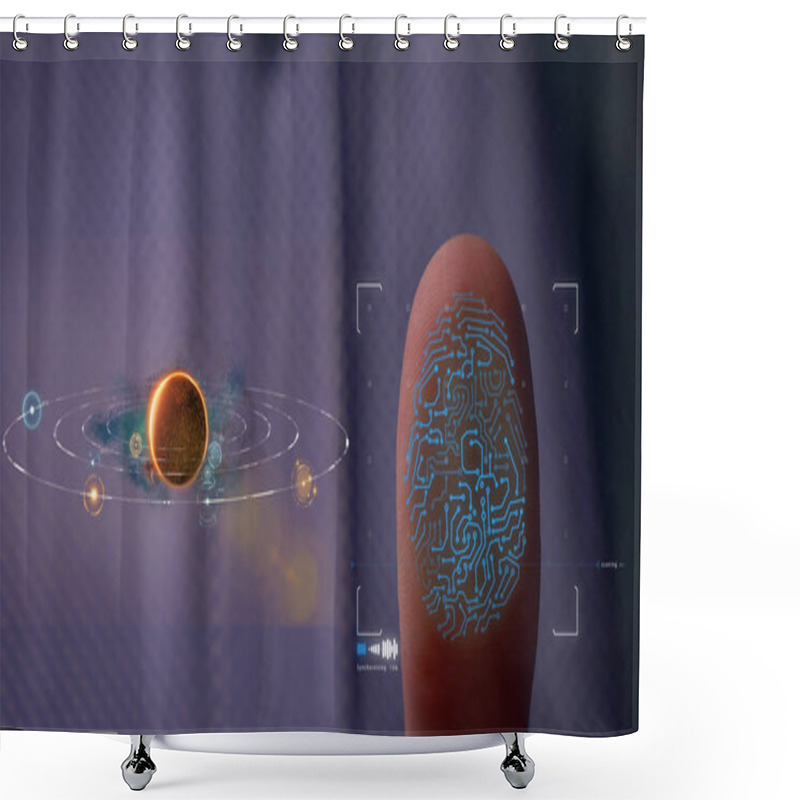 Personality  Person Accessing A Hologram With A Fingerprint. Man, Access To A Modern Hologram Of A Personal Database With The Discovery Of Fingerprint Identification. Concept: Science, Car, Hologram, Viruses, DNA. Shower Curtains