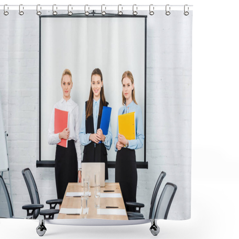 Personality  Successful Young Businesswomen With Folders Of Documents Looking At Camera At Conference Hall Shower Curtains