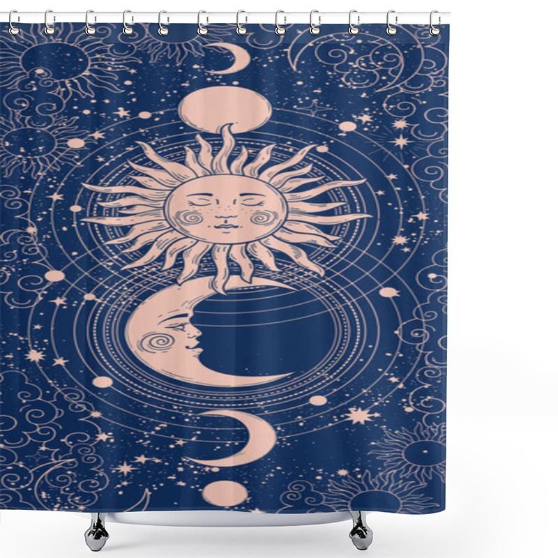 Personality  Mystical Vertical Banner With Sun, Moon And Crescent, Tarot Card Background, Astrology Magic Illustration. Golden Sun With Closed Eyes On A Blue Space Background With Stars. Vector Engraving. Shower Curtains