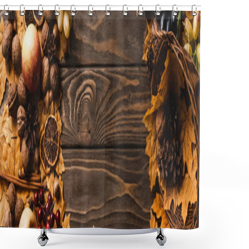 Personality  Top View Of Autumnal Harvest And Decoration On Brown Wooden Background, Panoramic Shot Shower Curtains