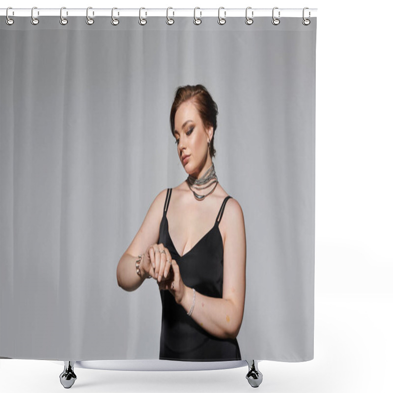 Personality  Dressed In An Elegant Outfit, A Young Woman Examines Her Watch With Grace And Confidence. Shower Curtains