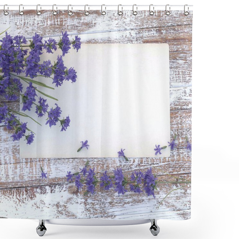 Personality  Celebratory Background, Invitation, Greeting Card. A Clean Sheet Of Aged Paper On A Wooden Table Made Of Aged Wood With A Delicate Bouquet Of Lavender. A Sheet Of Paper With Space For Text.3 D Render Shower Curtains