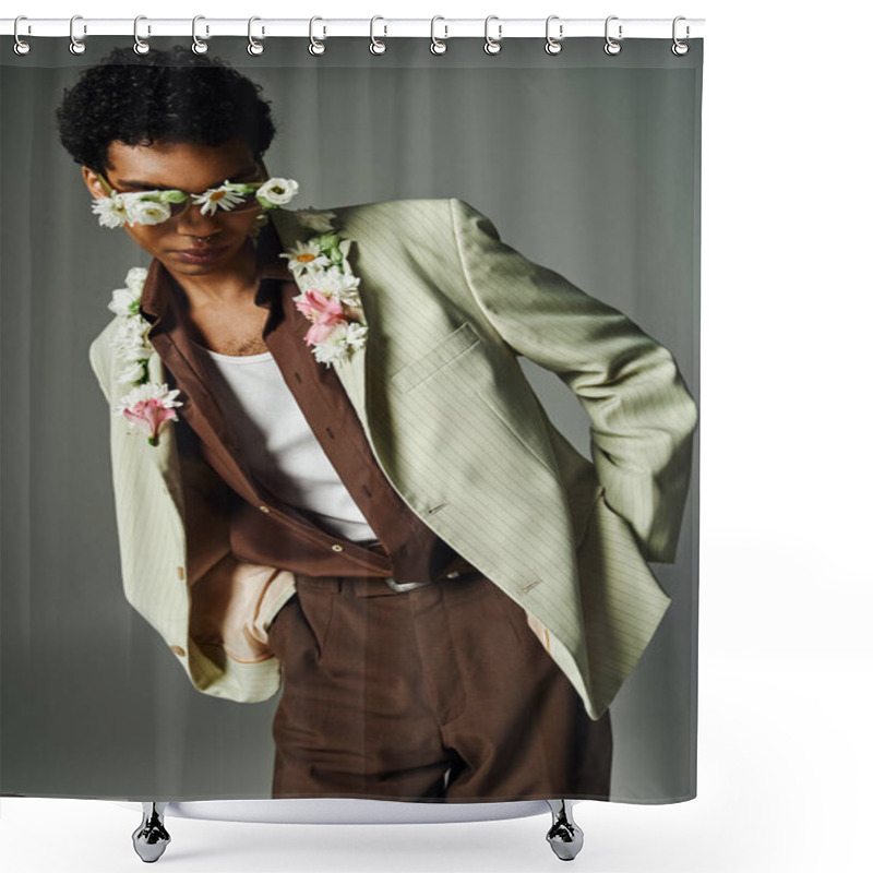 Personality  A Young African American Man Wearing A Stylish Blazer And Floral Accents Poses Against A Grey Backdrop. Shower Curtains