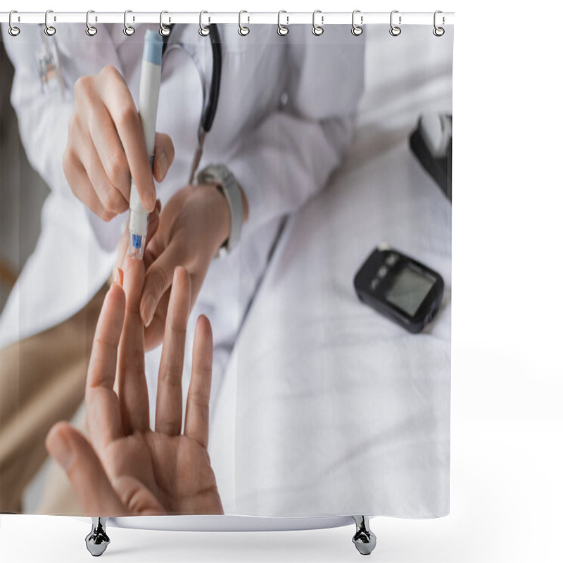 Personality  Cropped View Of Doctor With Lancet Pen Checking Blood Sugar Of Patient In Clinic  Shower Curtains