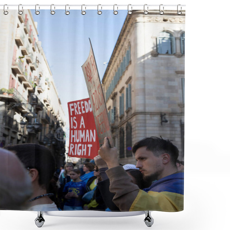 Personality  Mass Demonstration For Ukraine With Posters And Flags In Europe. 1000 Days Of War. Rally Of Ukrainians In Barcelona Spain 25.11.2024 Shower Curtains