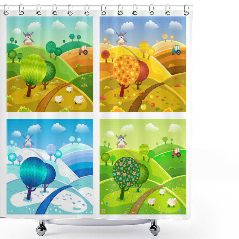 Personality  Village Landscape. Four Seasons. Shower Curtains