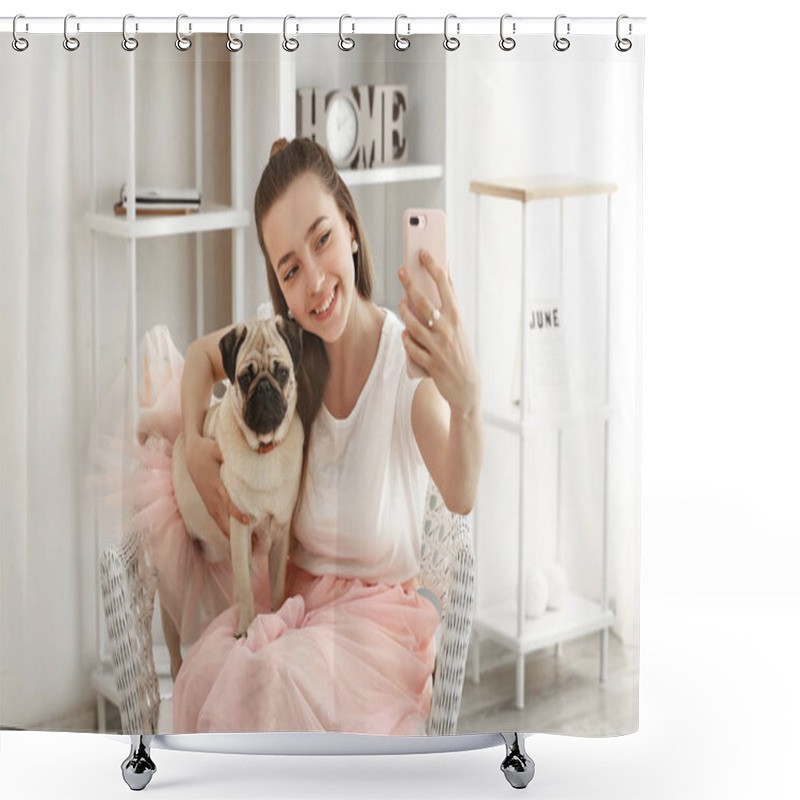 Personality  Teenage Girl Taking Selfie With Cute Pug Dog At Home Shower Curtains