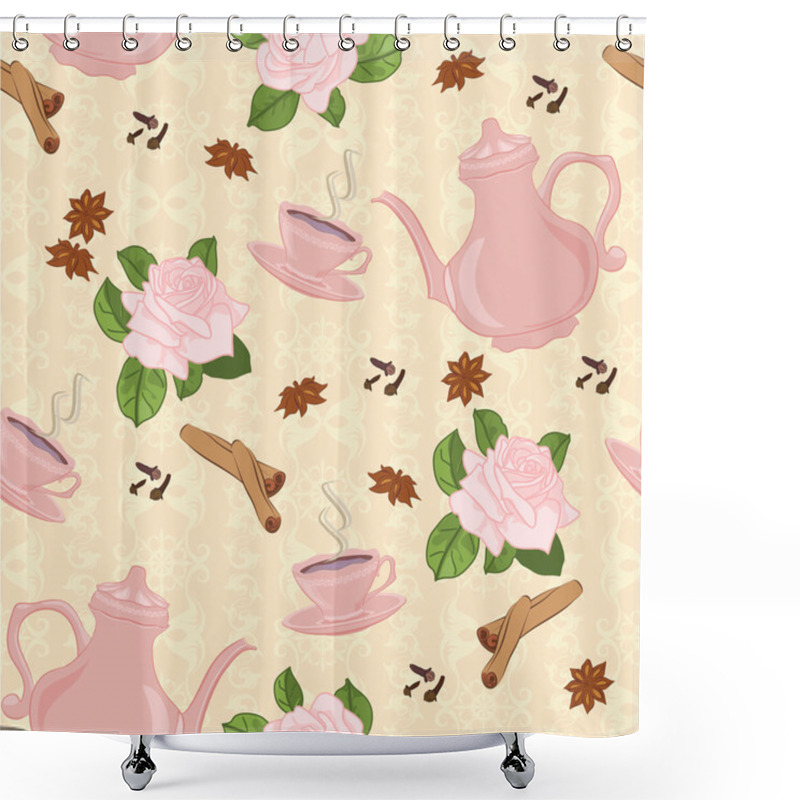 Personality  Seamless Pattern With Coffee Pot, Cups, Cinnamon, Cloves, Anise And Roses. Shower Curtains