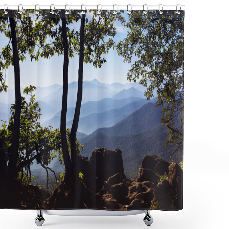 Personality  Observation Deck On Top Of The Mountain Overlooking The Valley And Mountain Range. Plateau Lago-Naki, Adygea, Russia Shower Curtains