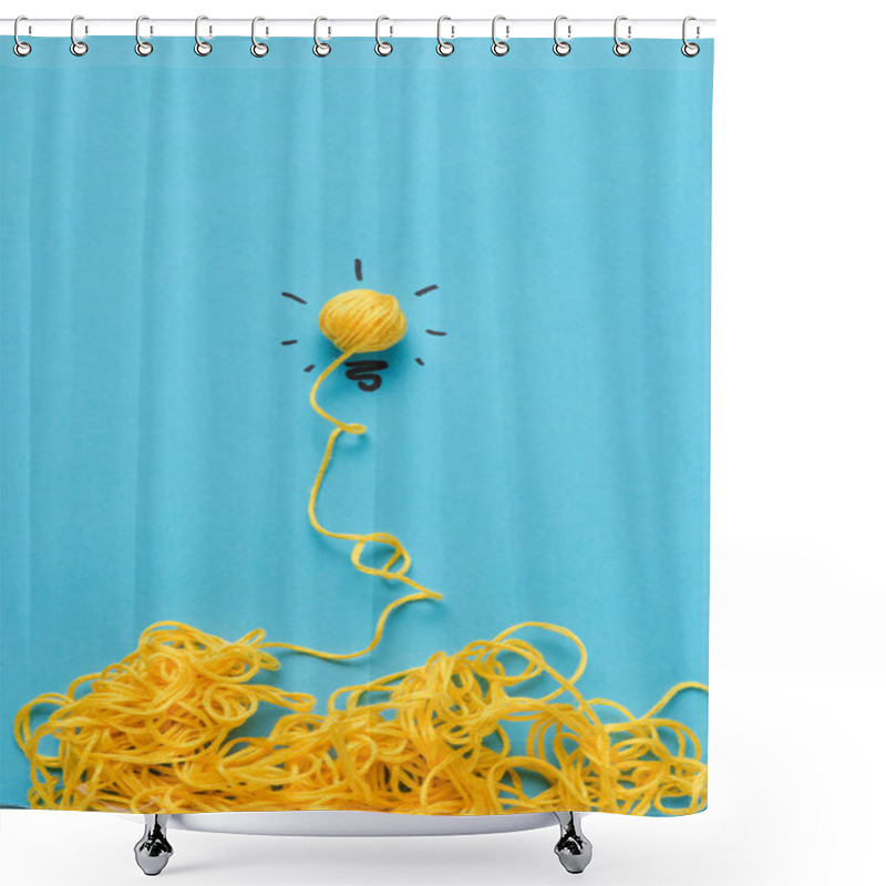 Personality  Light Bulb Sign Made Of Yellow Yarn On Blue Background, Ideas Concept Shower Curtains