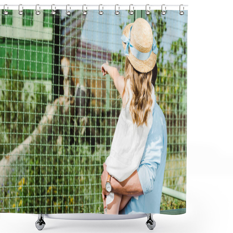 Personality  Cropped View Of Father Holding In Arms Daughter Pointing With Finger At Cage With Monkey  Shower Curtains