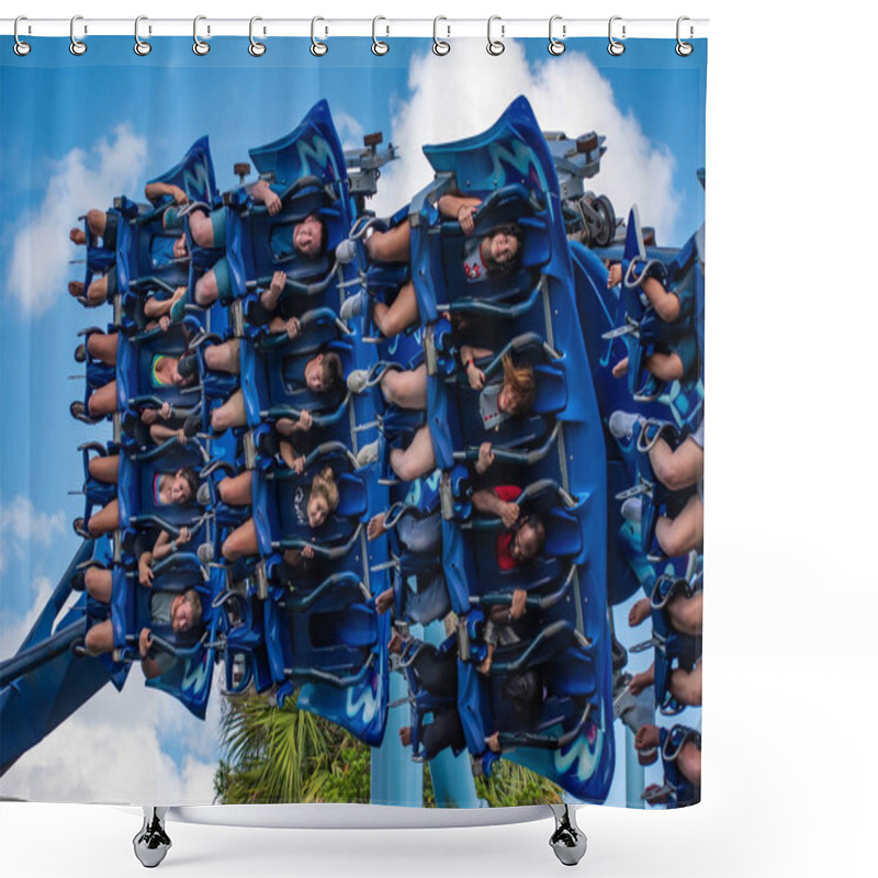 Personality  Orlando, Florida. June 23 2019. Excited People Enjoying Manta Ray Roller Coaster At Seaworld 6. Shower Curtains