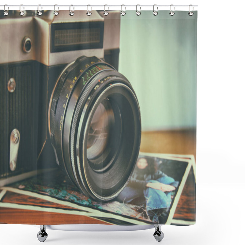 Personality  Close Up Photo Of Old Camera Lens Over Wooden Table. Image Is Retro Filtered. Selective Focus Shower Curtains