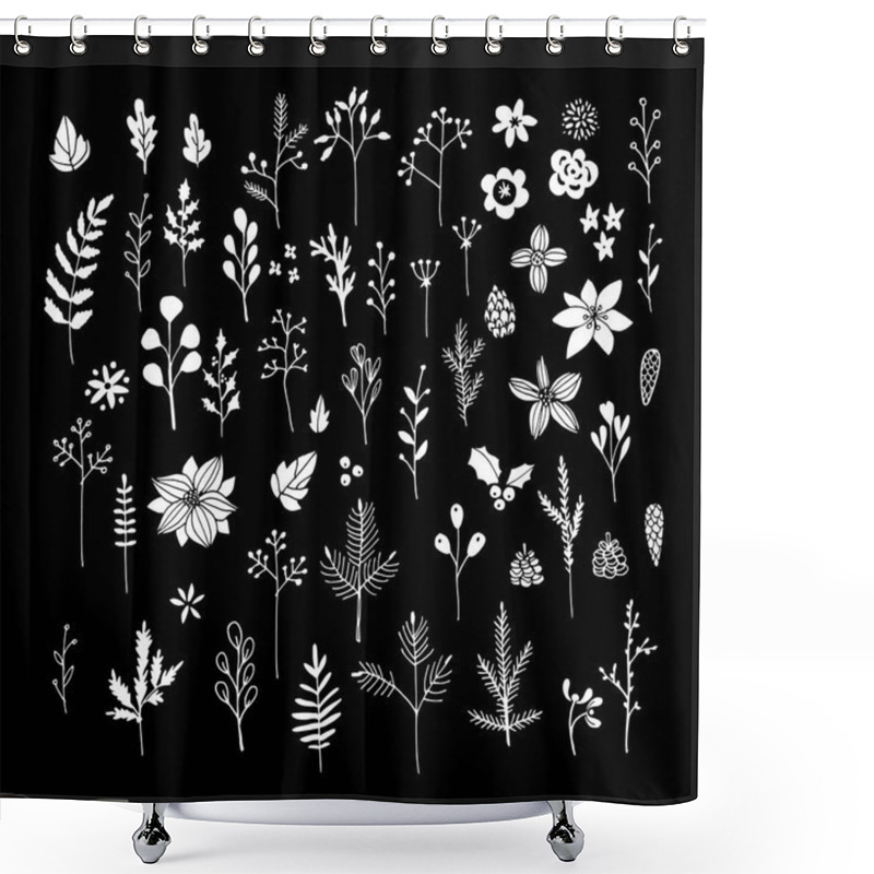 Personality  Set Of White Chalk Flowers, Leaves And Branches On Blackboard. Isolated Christmas Floral Elements. Hand Drawn Vector. Shower Curtains