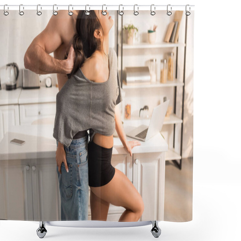 Personality  Cropped View Of Man Pulling Hair Of Woman In Kitchen Shower Curtains