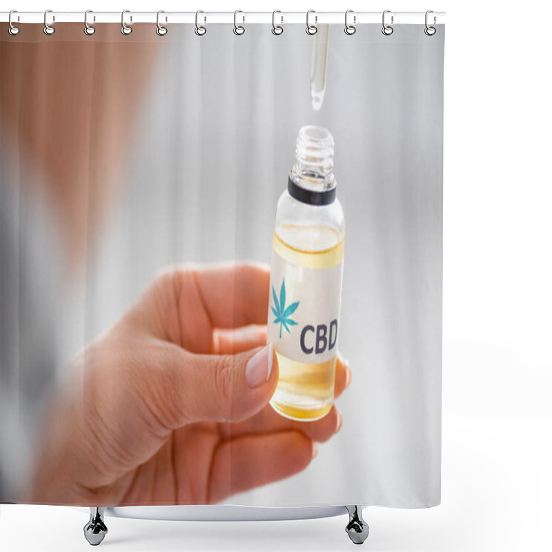 Personality  Selective Focus Of Woman Holding Pipette And Bottle With Cbd Lettering  Shower Curtains