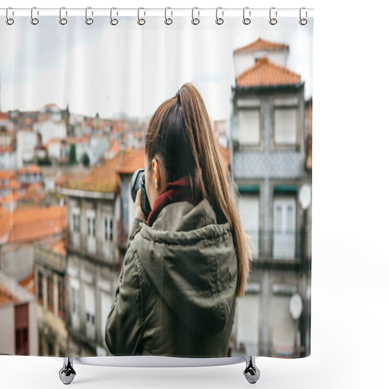 Personality  A Professional Travel Photographer Or Tourist Photographs A Beautiful Cityscape In Porto In Portugal. Professional Photography Or Interesting Hobby. Shower Curtains