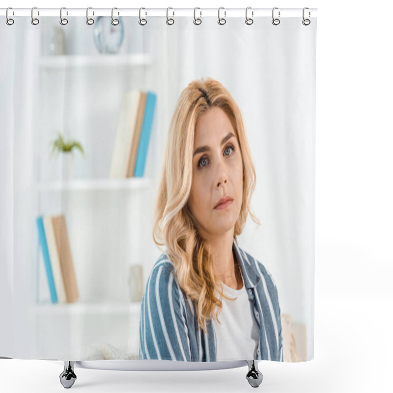 Personality  Sad Woman With Bad Mood Looking At Camera In Living Room  Shower Curtains