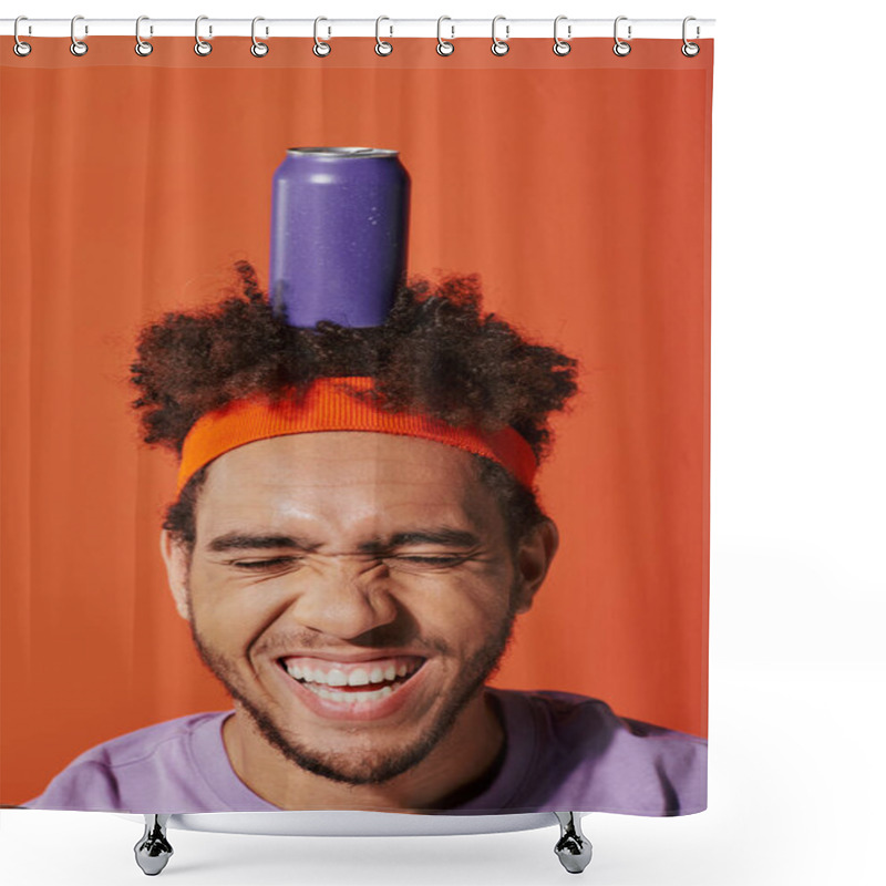 Personality  Purple Soda Can On Head Of Happy Curly African American Guy With Headband On Orange Background Shower Curtains