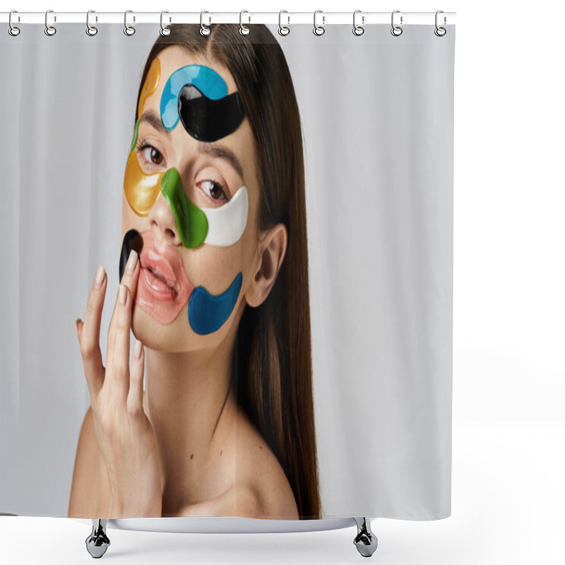 Personality  A Young Woman With Eye Patches On Her Face, Showcasing A Colorful And Creative Makeup Look With Bold Colors And Exaggerated Features. Shower Curtains