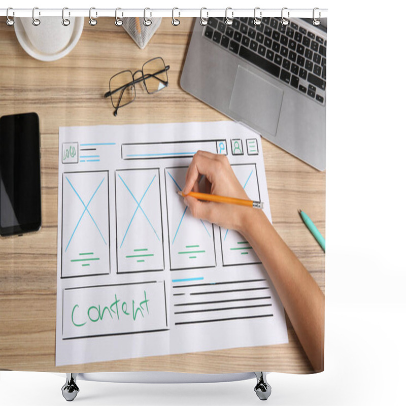 Personality  Developing UI Design. Designer With Smartphone Creating Website Wireframe On Paper At Wooden Table, Closeup Shower Curtains