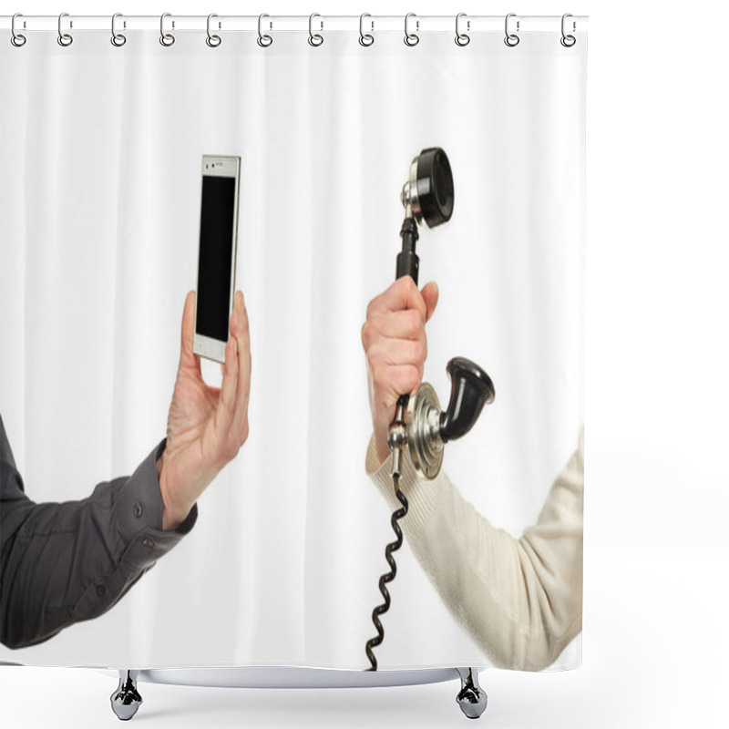 Personality  Man's Hand Holding A Mobile Phone And Woman's Hand Holding A Spe Shower Curtains