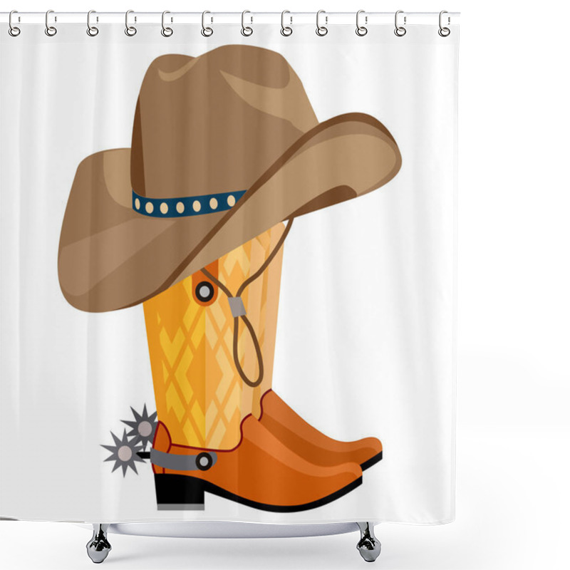 Personality  A Brown Cowboy Hat Rests On Yellow And Orange Cowboy Boots With Spurs, Capturing The Essence Of Western Lifestyle. Ideal For Themes Like Cowboy Culture, Western Style, Rodeo, Adventure, And Farming Shower Curtains