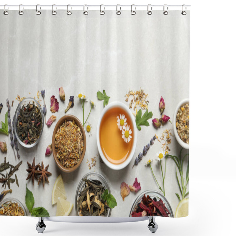 Personality  Flat Lay Composition With Fresh Brewed Tea And Dry Leaves On Light Table, Space For Text Shower Curtains