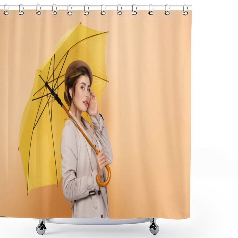 Personality  Fashionable Woman In Trench Coat And Beret Touching Face Under Yellow Umbrella On Peach Shower Curtains