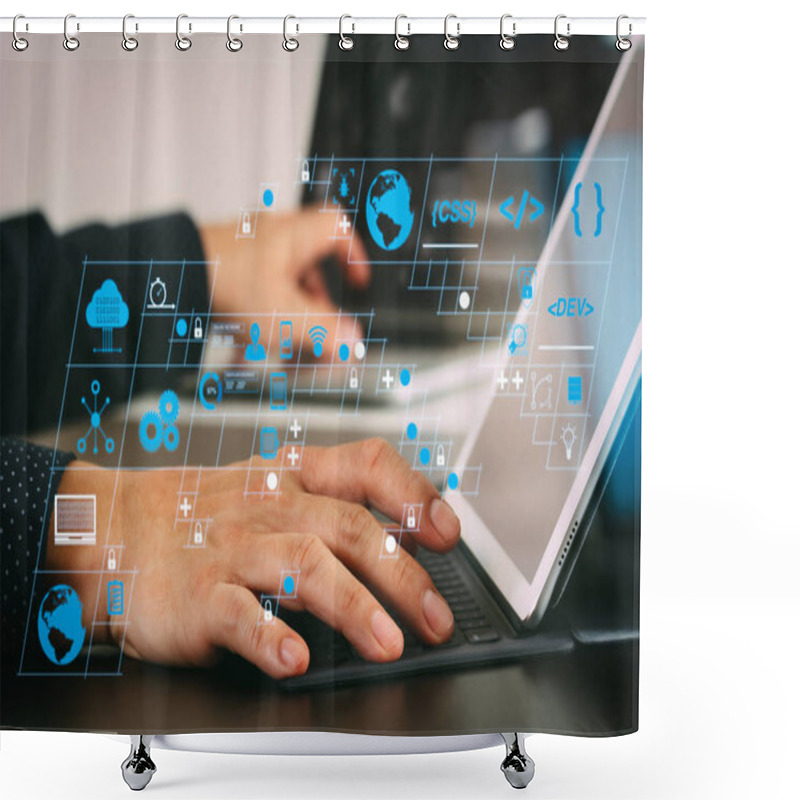 Personality  Coding Software Developer Work With AR New Design Dashboard Computer Icons Of Scrum Agile Development And Code Fork And Versioning With Responsive Cybersecurity.close Up Of Businessman Hand Working. Shower Curtains