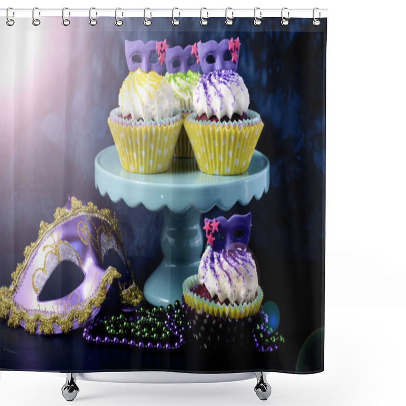 Personality  Mardi Gras Cupcakes With Face Mask Decorations, With Lens Flare. Shower Curtains