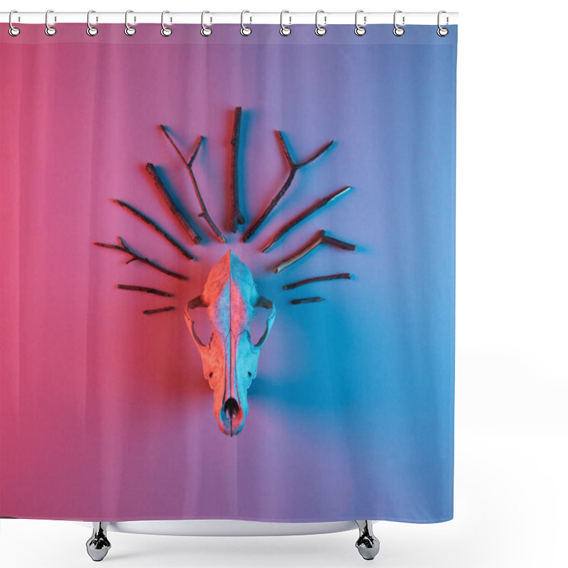 Personality  Animal Skull Decorated With Branches Tiara, Lit With Red And Blue Neon Light. Trendy Minimal Occult Flat Lay Concept. Abstract Background. Shower Curtains