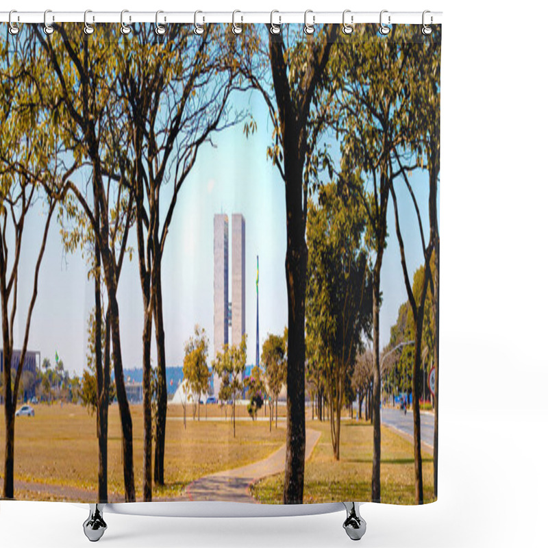 Personality  Brasilia, Federal District - Brazil. June, 13, 2021. The National Congress Of Brazil. Building Designed By Oscar Niemeyer. It Is Composed In The Chamber Of Deputies And The Federal Senate. Shower Curtains