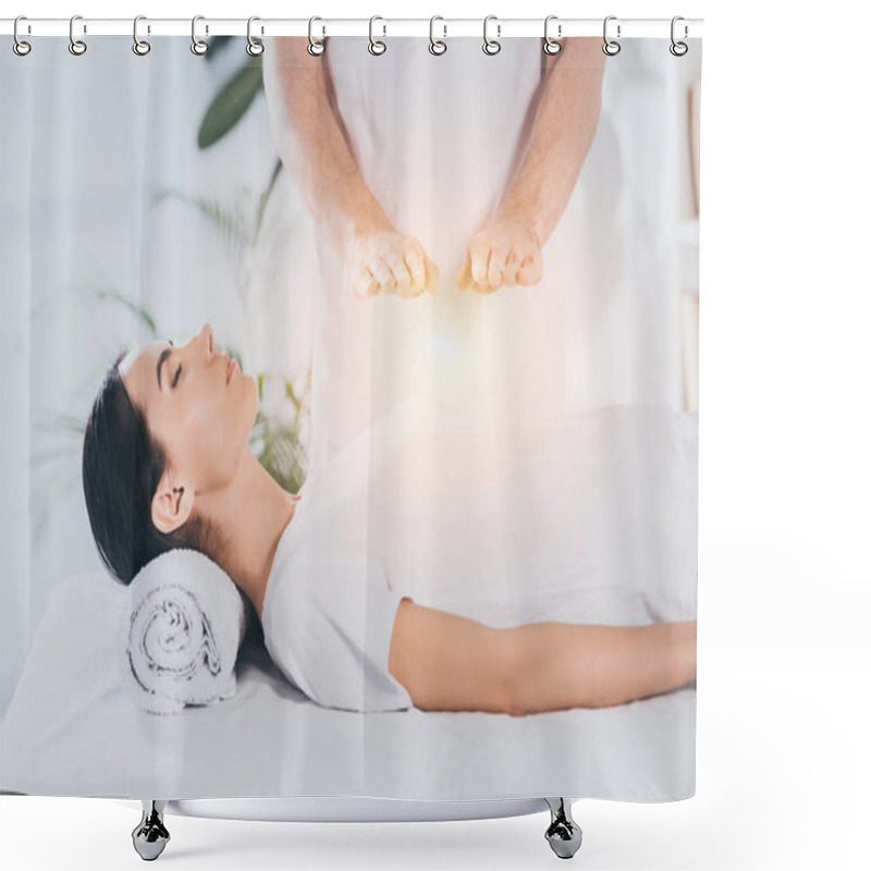 Personality  Cropped Shot Of Young Woman Receiving Reiki Treatment Above Chest  Shower Curtains