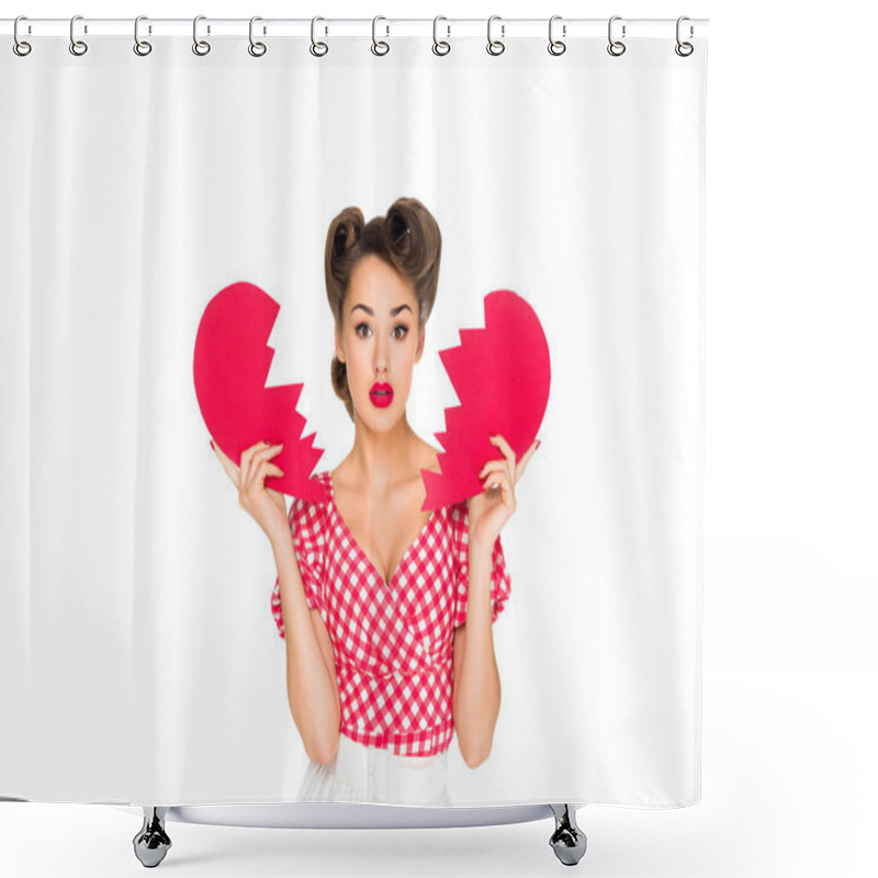 Personality  Portrait Of Beautiful Young Woman In Retro Clothing With Ripped Paper Heart Isolated On White Shower Curtains