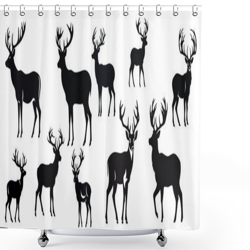 Personality  Set Of Wild Deer Silhouettes In Flat Style Isolated On White Background. Vector Illustration Shower Curtains