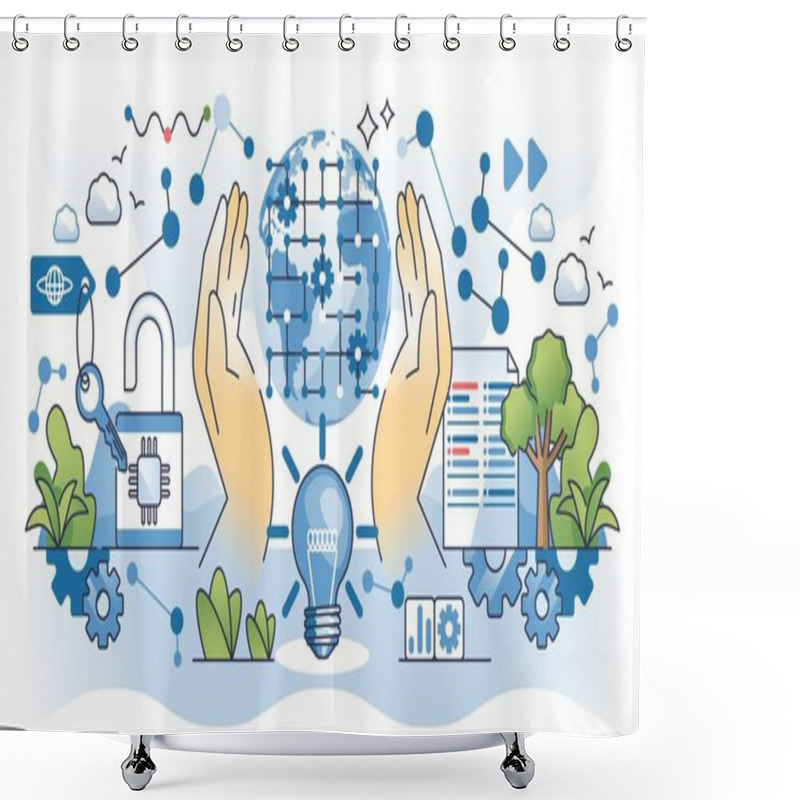 Personality  Open Source AI Concept With Hands, Globe, And Gears Symbolizing Collaboration And Innovation. Outline Hands Concept Shower Curtains