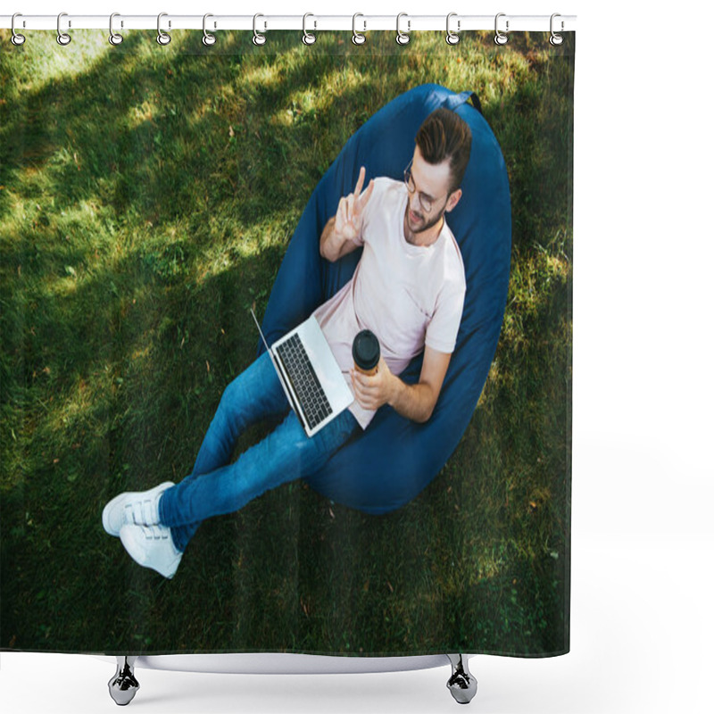 Personality  High Angle View Of Handsome Man Taking Part In Webinar And Showing Peace Sign In Park Shower Curtains